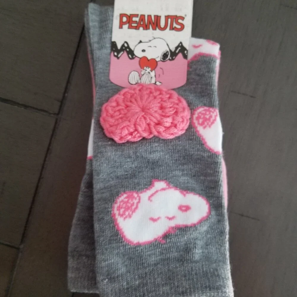 Peanuts Pink Snoopy Crochet 2 Pair Adult Crew Sock Set